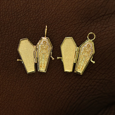 Two open 14 karat solid gold Coffin Charms shown in the For Chain and For Earring options