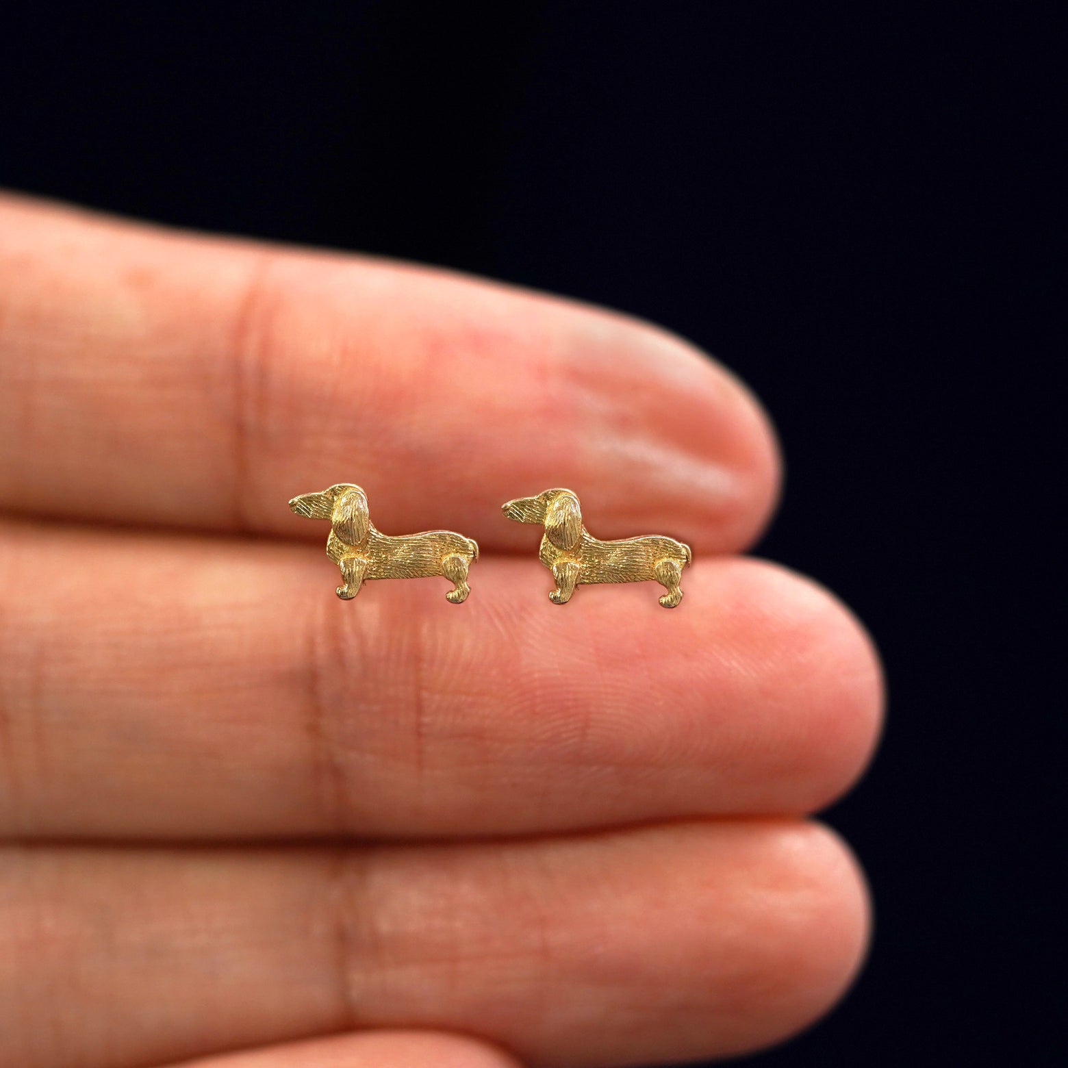 A model's hand holding a pair of recycled 14k gold Dog Earrings