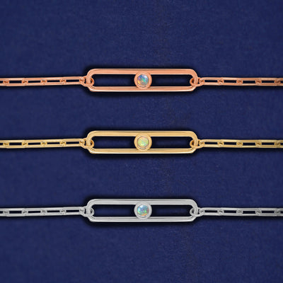 Three one-stone Dancing Gemstone bracelets shown in options of rose, yellow, and white gold