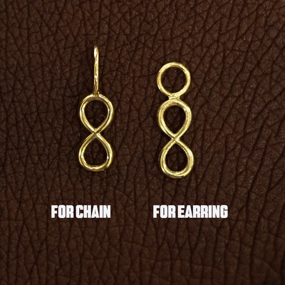 Two 14 karat solid gold Infinity Charms shown in the For Chain and For Earring options