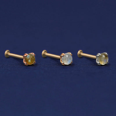 Three versions of the Labradorite Flat Back Earring shown in options of rose, yellow, and white gold