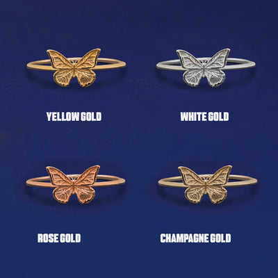 Four versions of the Butterfly Ring shown in options of yellow, white, rose and champagne gold