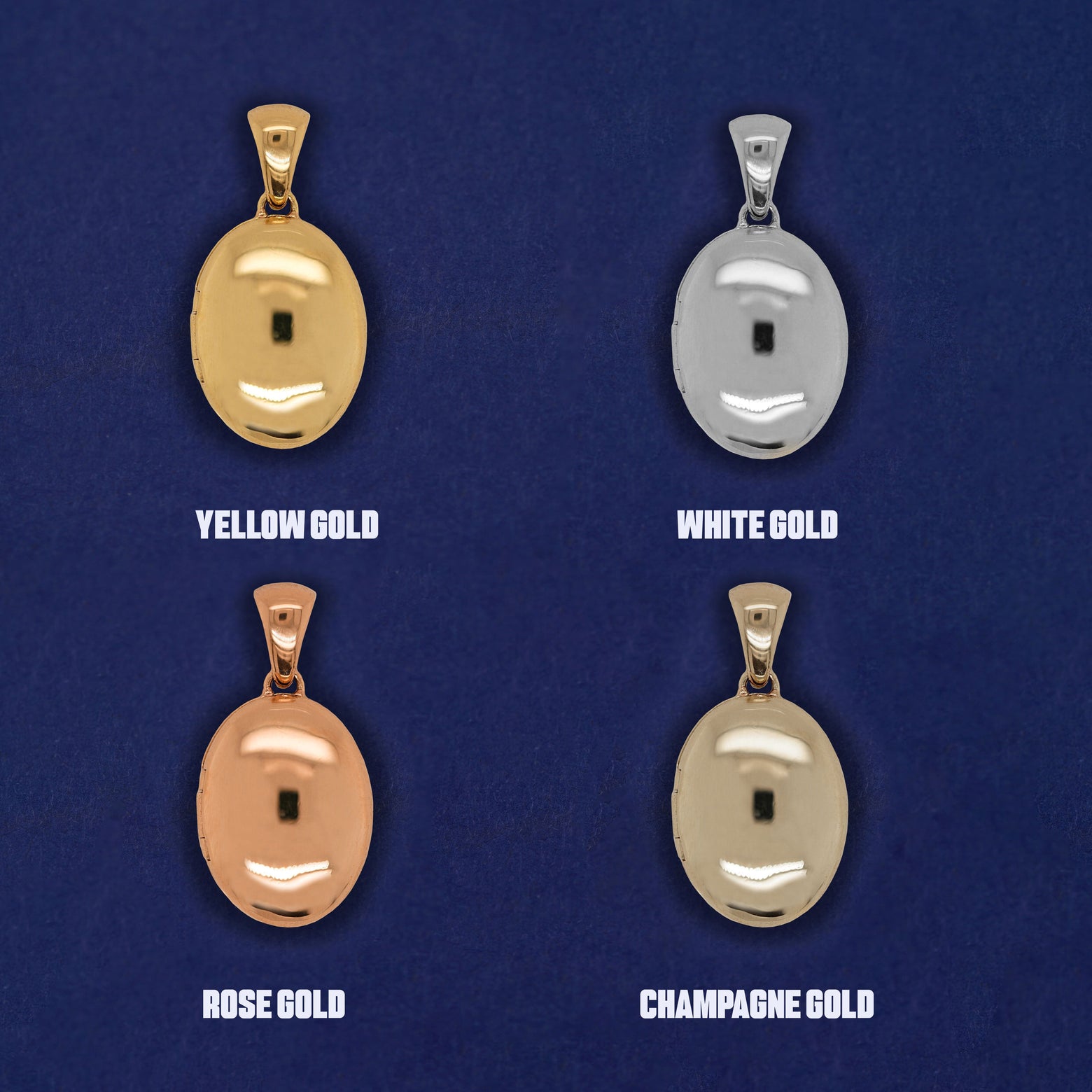 Four versions of the Oval Locket Pendant shown in options of yellow, white, rose and champagne gold