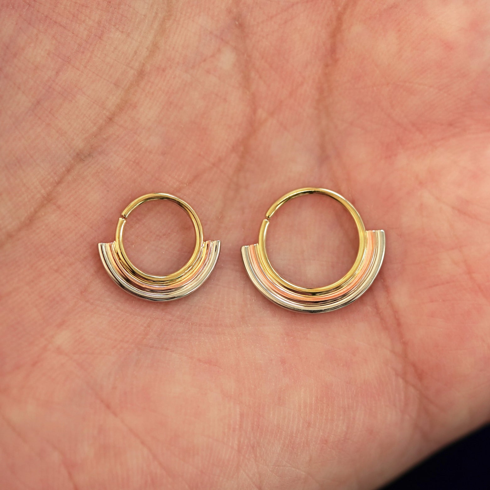 A model's palm holding two versions of the pierced Rainbow Septum showing the 8mm and 10mm sizes