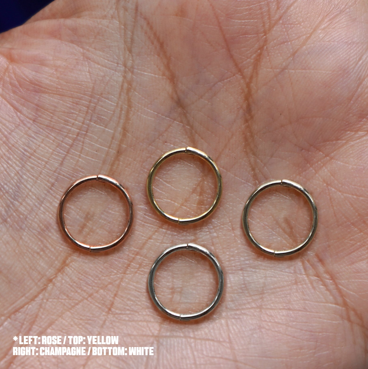Four versions of the Medium Seamless Huggie Hoop / Piercing shown in options of rose, yellow, champagne, and white gold