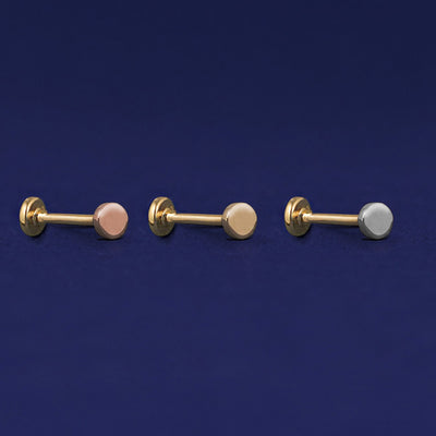 Three versions of the Small Circle Flatback Piercing shown in options of rose, yellow, and white gold