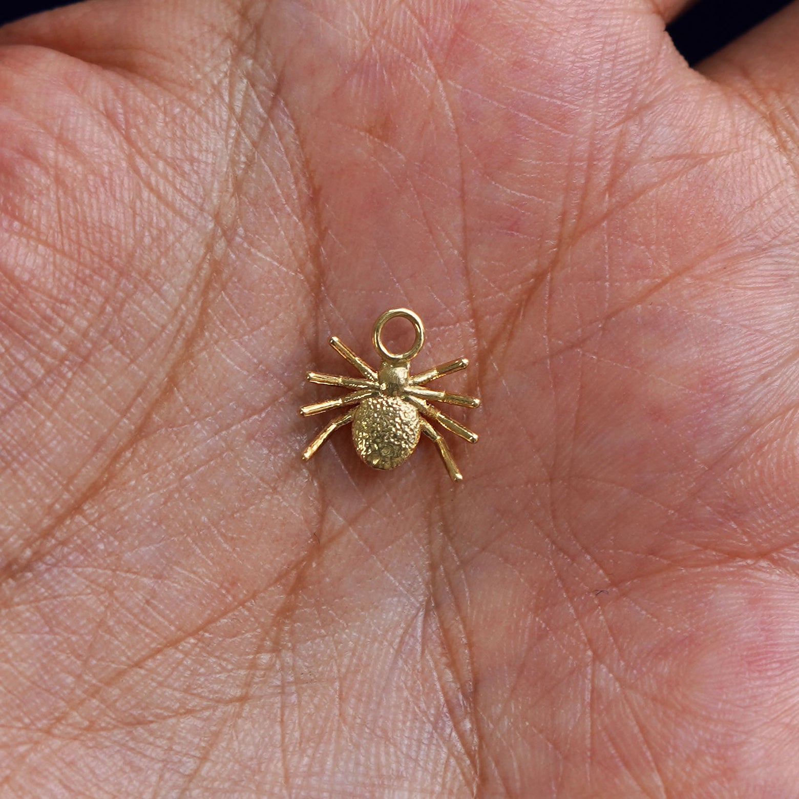 A 14k gold Spider Charm for earring resting in a model's palm to show the underside of the charm