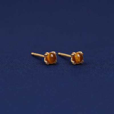 Yellow gold Tiger Eye Earrings shown with 14k solid gold pushback post with no backings