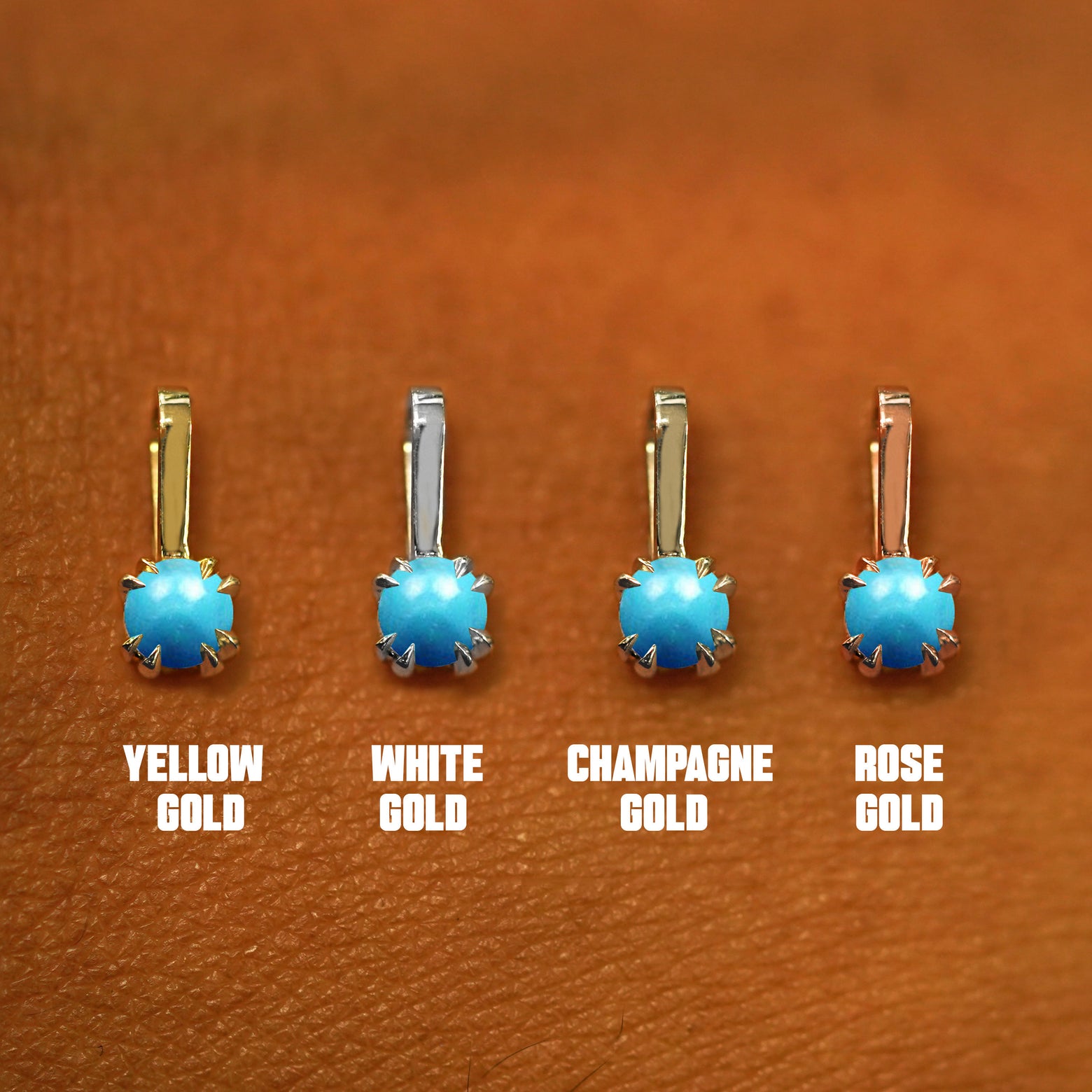 Four versions of the Turquoise Charm shown in options of yellow, white, rose, and champagne gold