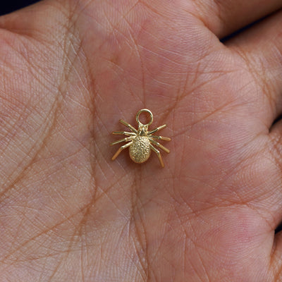 A solid gold Spider Charm for earring resting in a model's palm