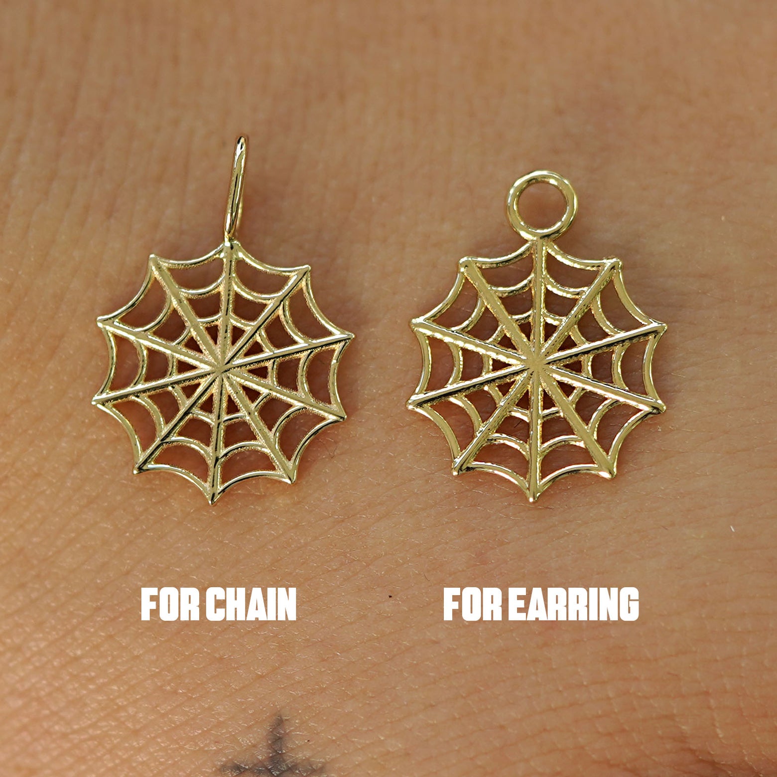 Two 14 karat solid gold Spider Web Charms shown in the For Chain and For Earring options