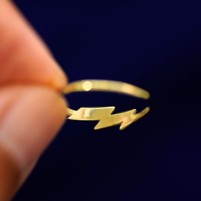 Underside view of a solid 14k gold Lightning Bolt Ring