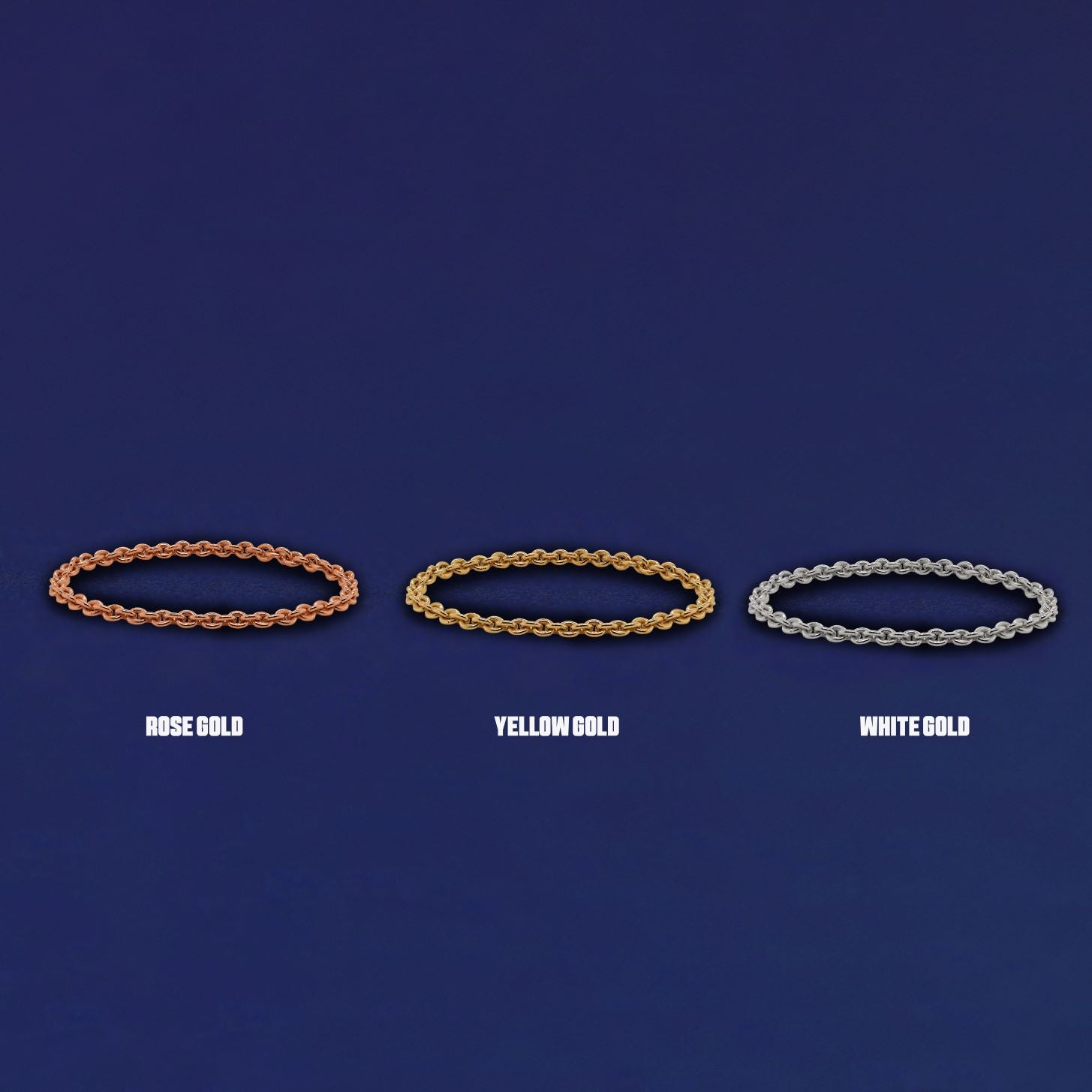 Three versions of the Thick Cable Chain Ring shown in options of yellow, white and rose gold