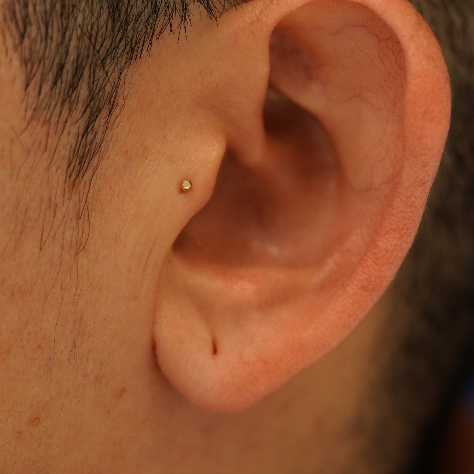 Close up view of a model's ear wearing a 14k yellow gold Mini Ball Flatback as a tragus piercing