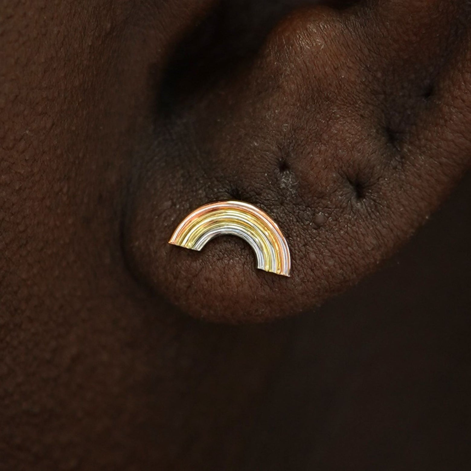 Close up view of a model's ear wearing a 14k gold Rainbow Earring