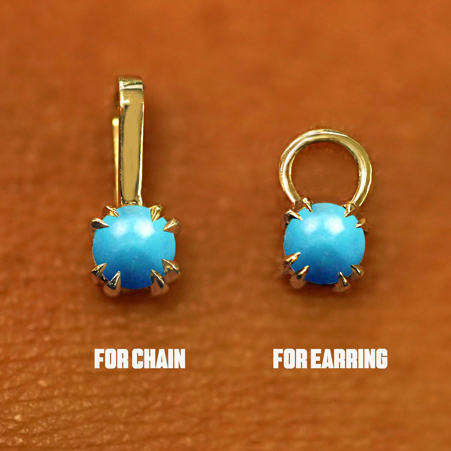 Two 14 karat solid gold Turquoise Charms shown in the For Chain and For Earring options