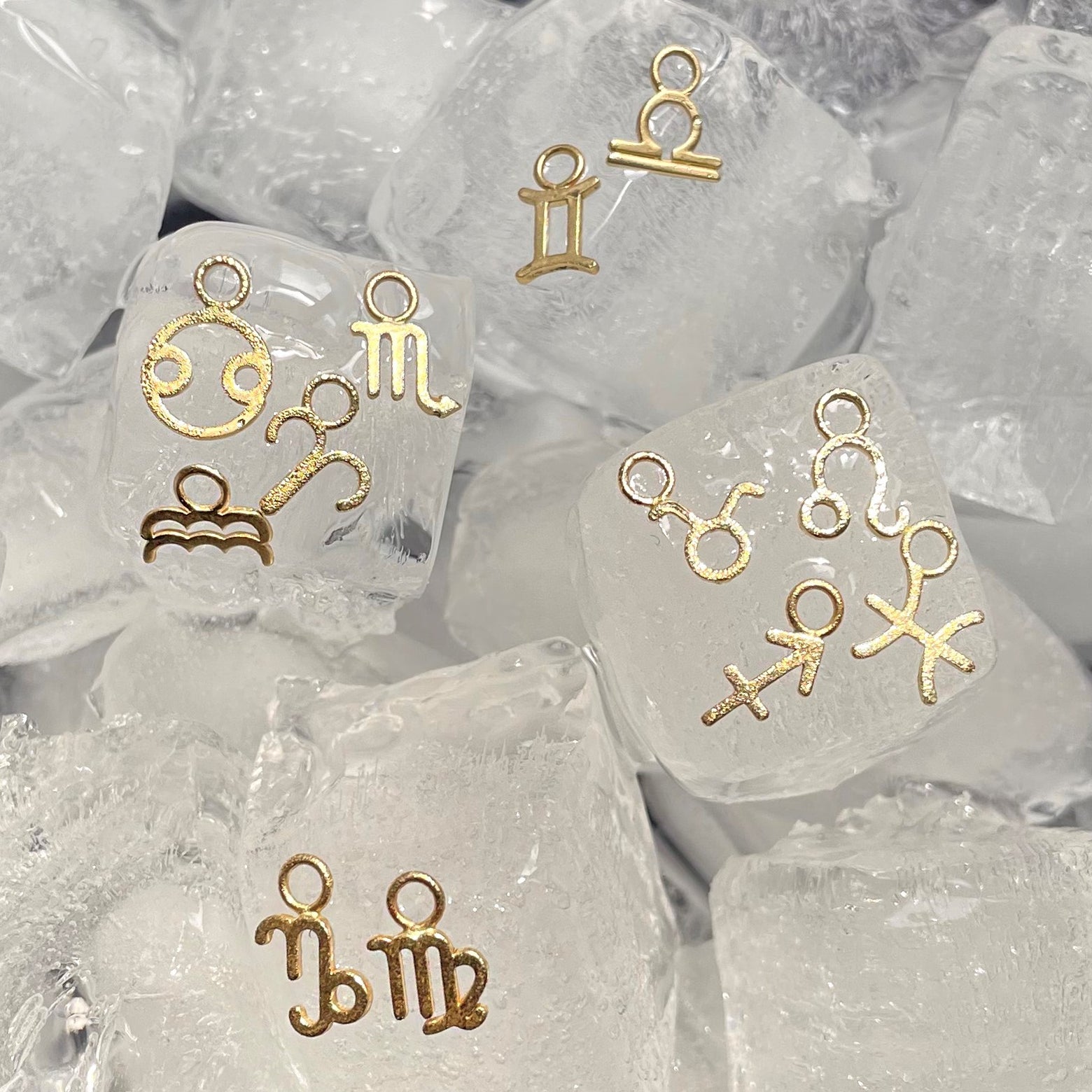 All twelve different Horoscope Symbol Charms in yellow gold sitting on cubes of ice