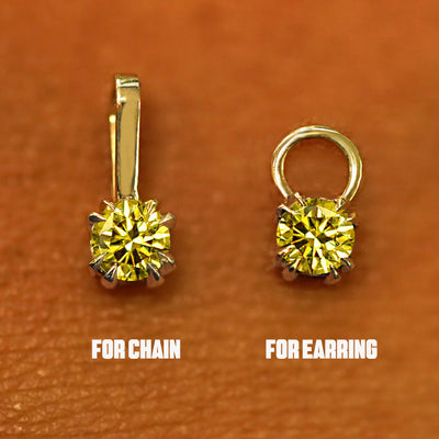 Two 14 karat solid gold Yellow Diamond Charms shown in the For Chain and For Earring options