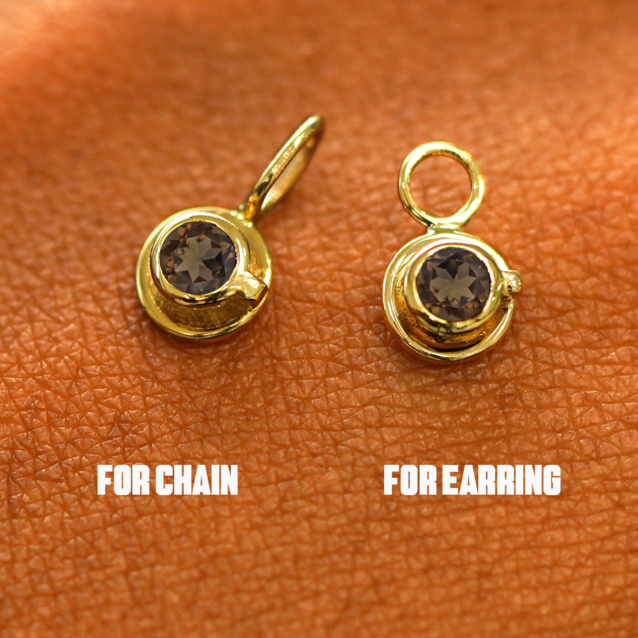 Two 14 karat solid gold Coffee Cup Charms shown in the For Chain and For Earring options