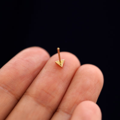 A yellow gold Triangle Earring laying facedown on a model's fingers to show the underside view