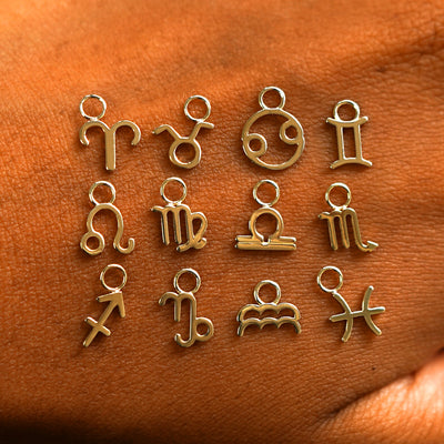 Twelve Horoscope Charms showing all of the zodiac symbol options laid out on the back of a model's hand