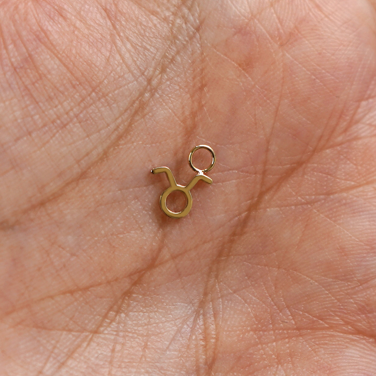 A 14k solid gold Taurus Horoscope Charm for earring in a model's palm