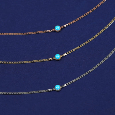 Three Turquoise Bracelets shown in options of rose, yellow, and white gold