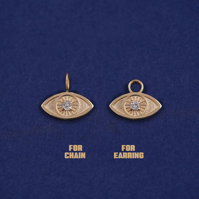 Two 14 karat solid gold clear Diamond Evil Eye Charms shown in the For Chain and For Earring options