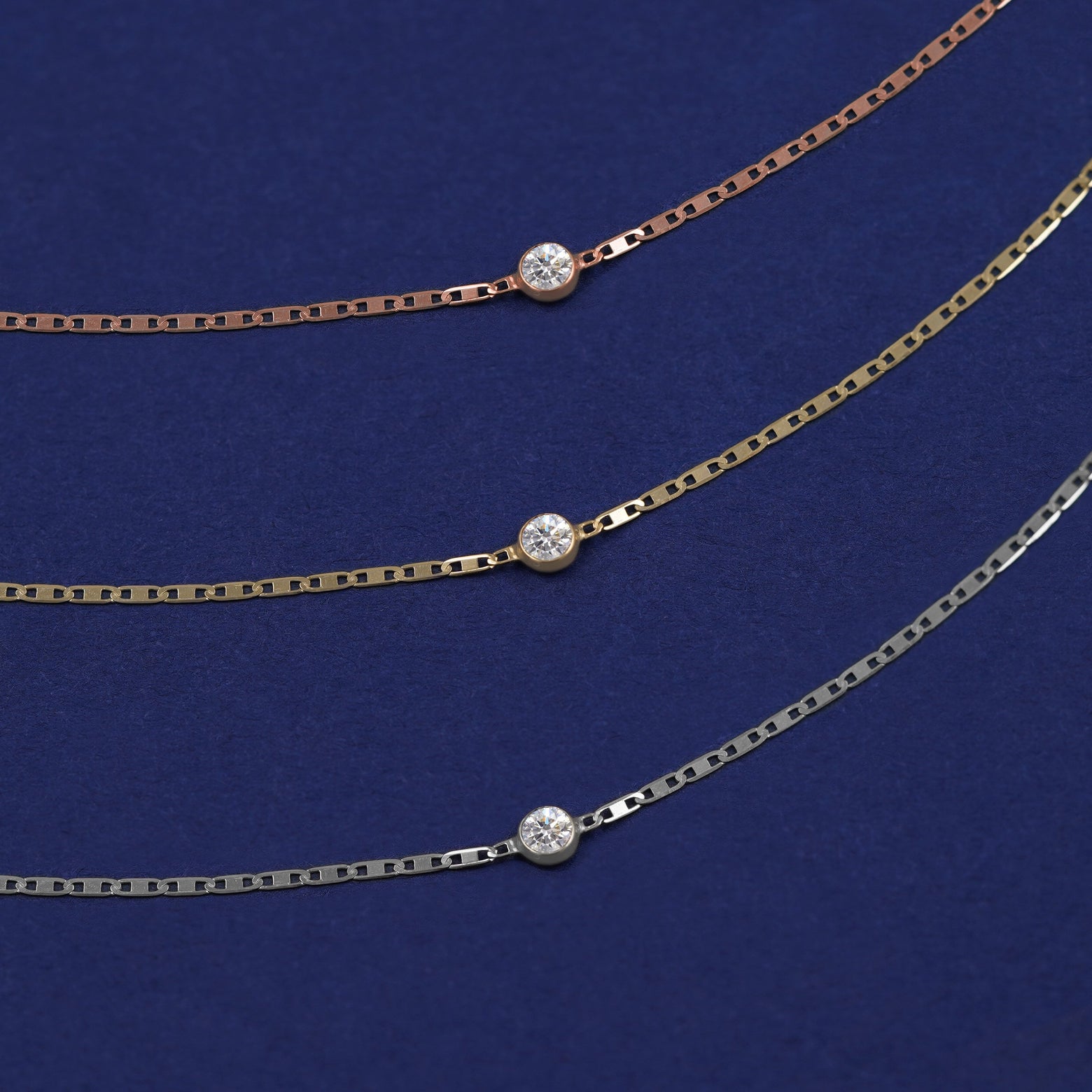 Three Moissanite Bracelets shown in options of rose, yellow, and white gold