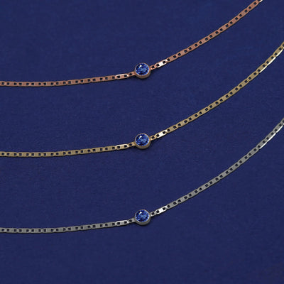 Three Sapphire Bracelets shown in options of rose, yellow, and white gold