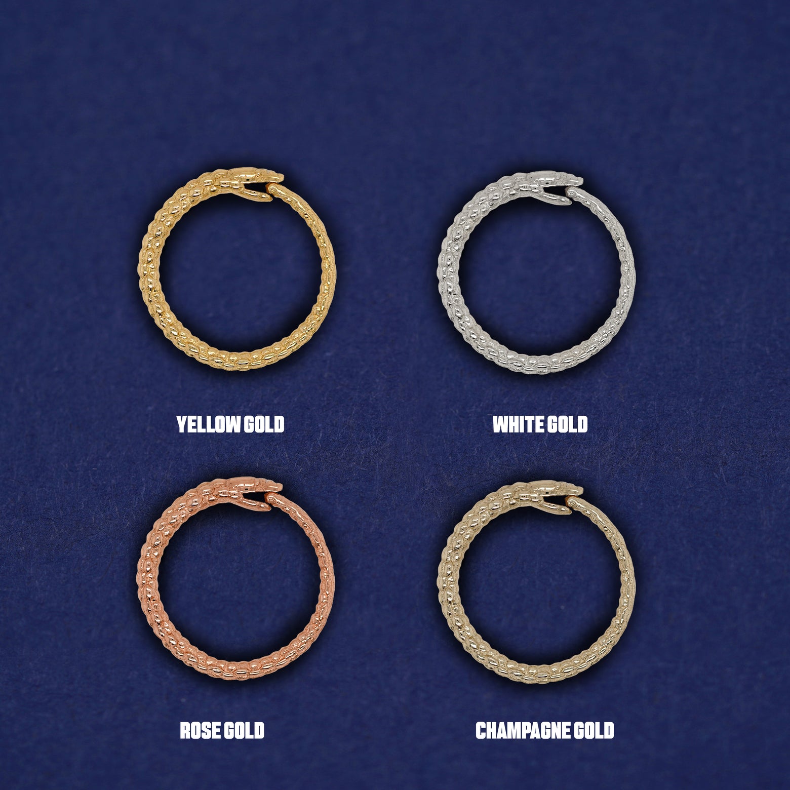 Four versions of the Snake Hoop / Piercing shown in options of yellow, white, rose, and champagne gold