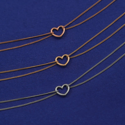 Three Heart Anklets shown in options of rose, yellow, and white gold