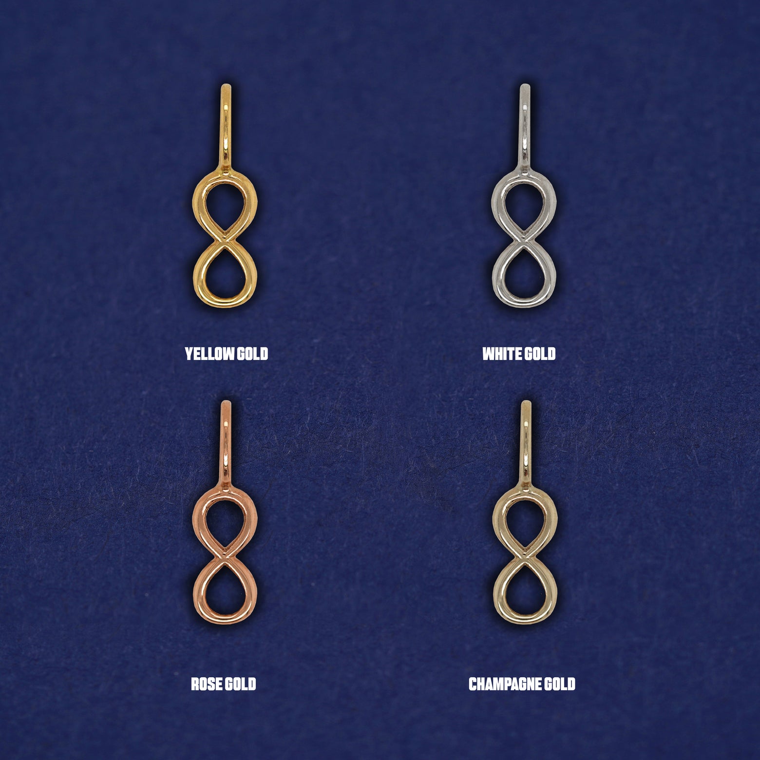 Four versions of the Infinity Charm shown in options of yellow, white, rose, and champagne gold