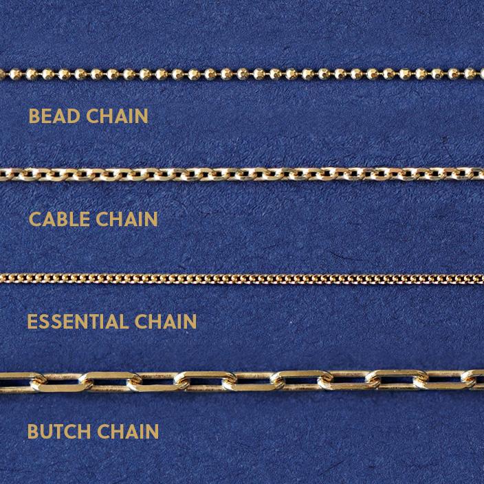 Four chains showing options of Bead, Cable, Essential, and Butch Chains