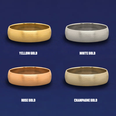 Four versions of the Curvy Matte Band shown in options of yellow, white, rose and champagne gold