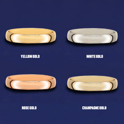 Four versions of the Curvy Mirror Band shown in options of yellow, white, rose and champagne gold
