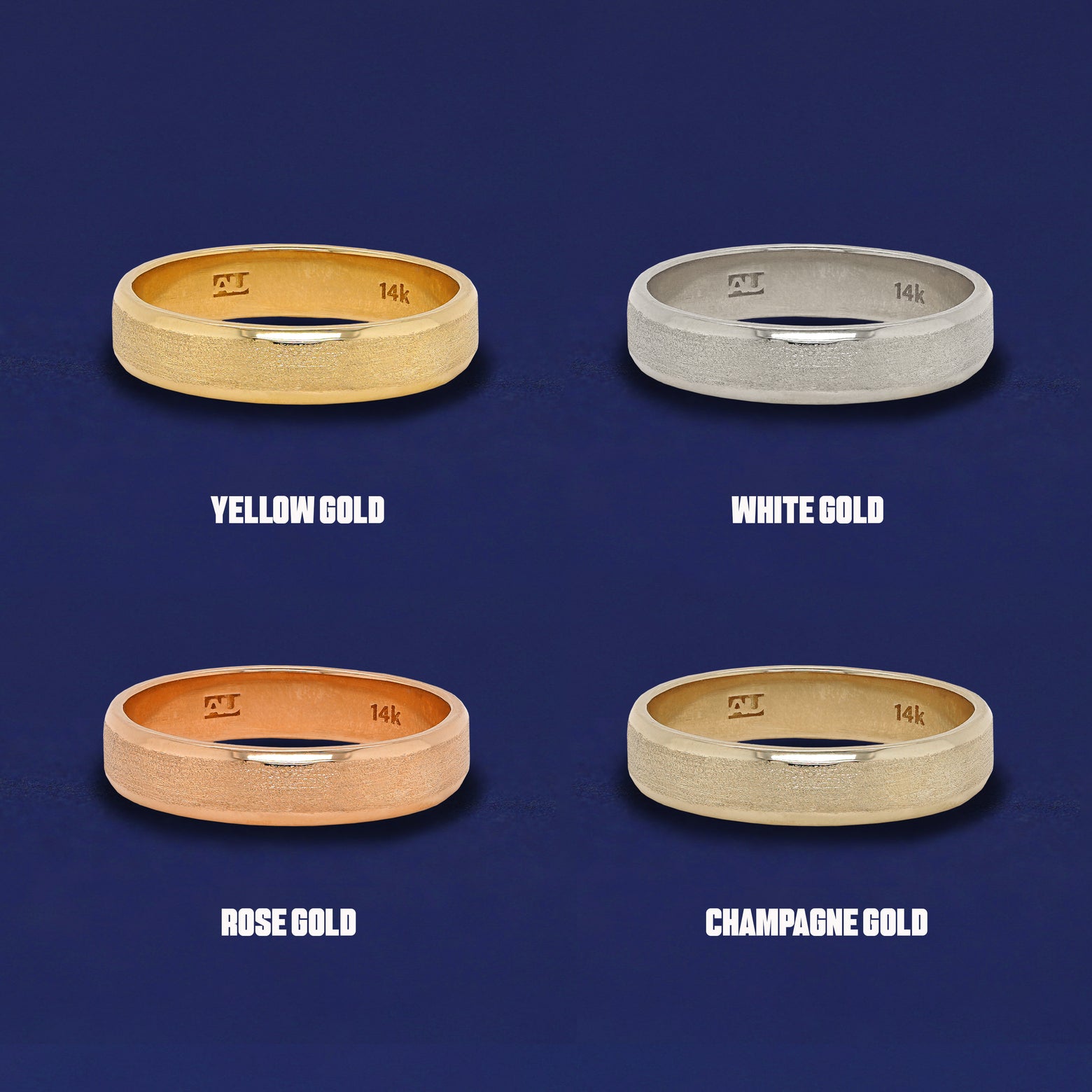 Four versions of the Beveled Edge Band shown in options of yellow, white, rose and champagne gold