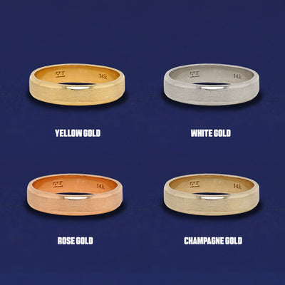 Four versions of the Beveled Edge Band shown in options of yellow, white, rose and champagne gold