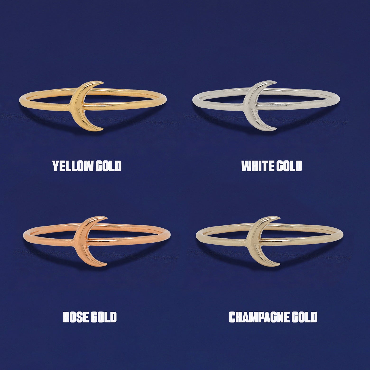 Four versions of the Moon Ring shown in options of yellow, white, rose and champagne gold