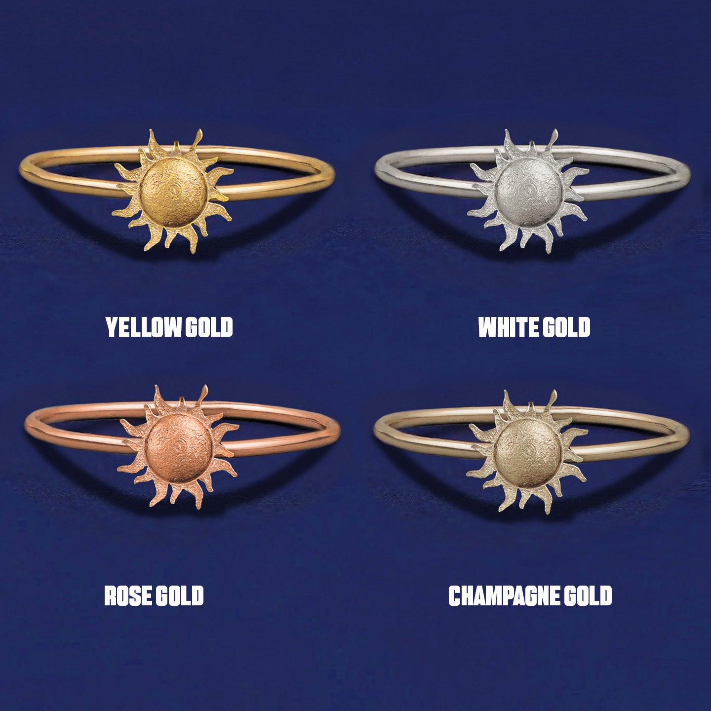 Four versions of the Sun Ring shown in options of yellow, white, rose and champagne gold