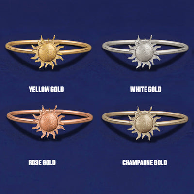 Four versions of the Sun Ring shown in options of yellow, white, rose and champagne gold