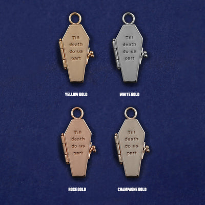 Four versions of the Coffin Charm shown in options of yellow, white, rose and champagne gold