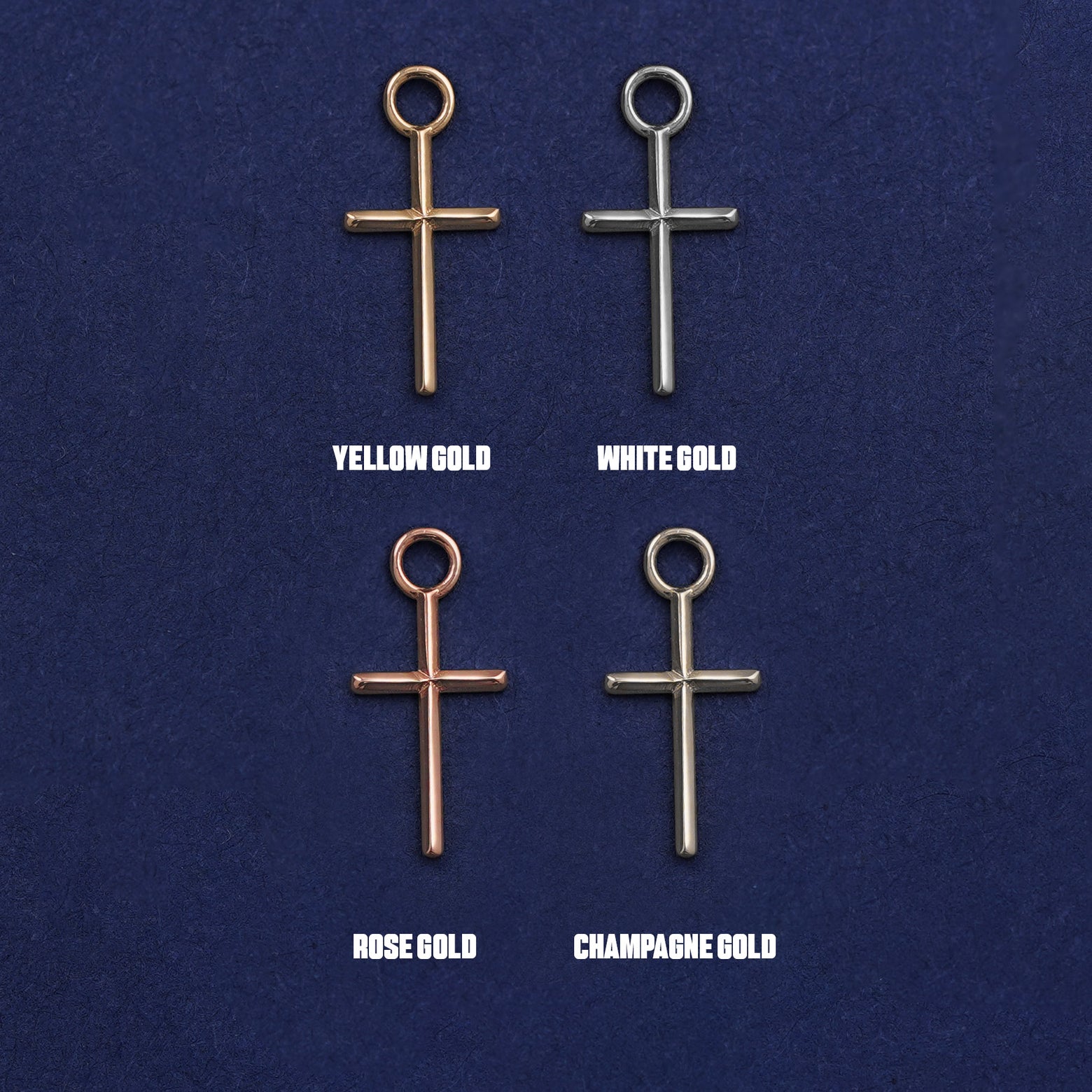 Four versions of the Cross Charm shown in options of yellow, white, rose and champagne gold