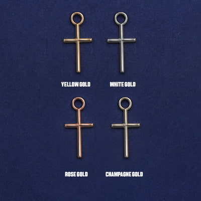 Four versions of the Cross Charm shown in options of yellow, white, rose and champagne gold