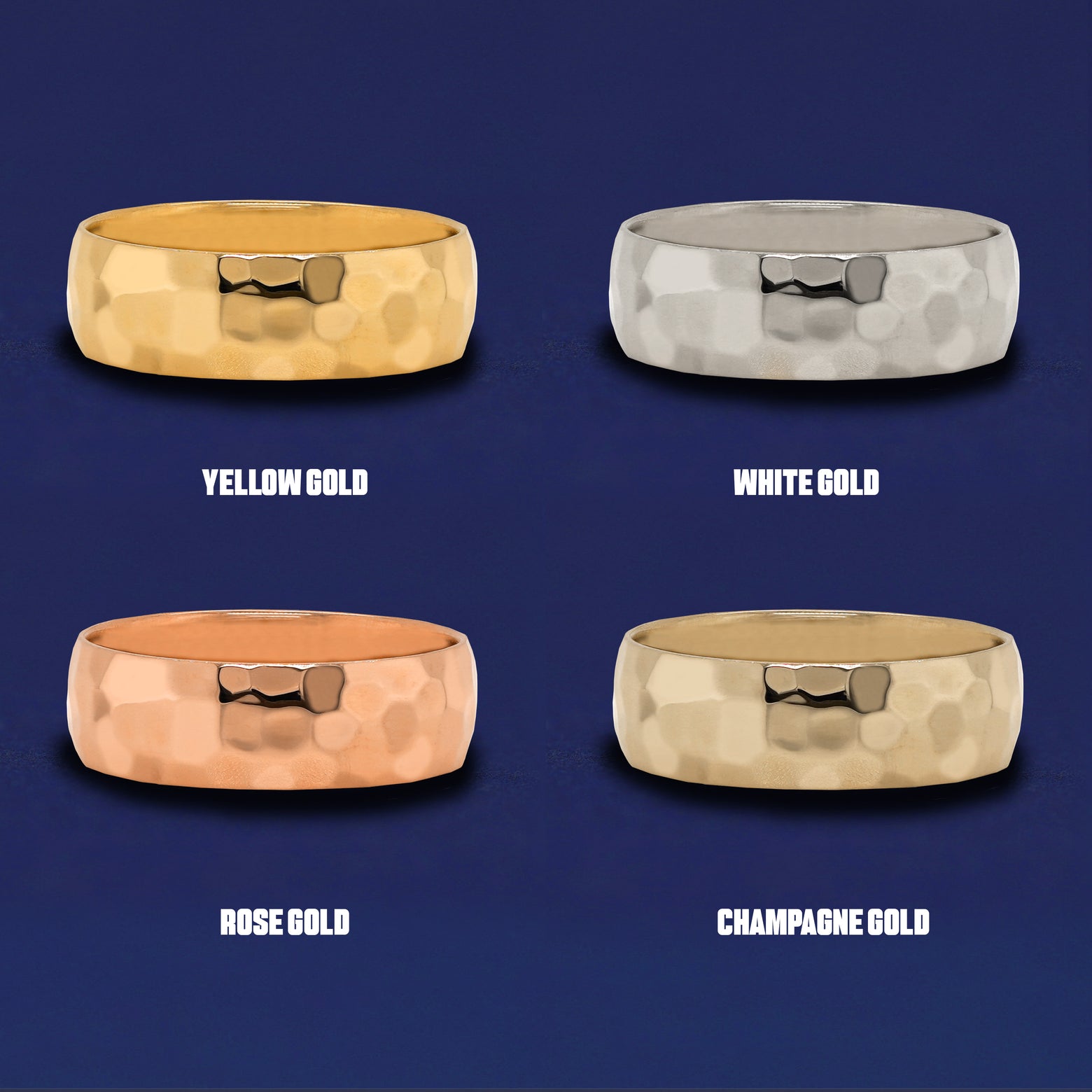 Four versions of the Curvy Hammered Band shown in options of yellow, white, rose and champagne gold