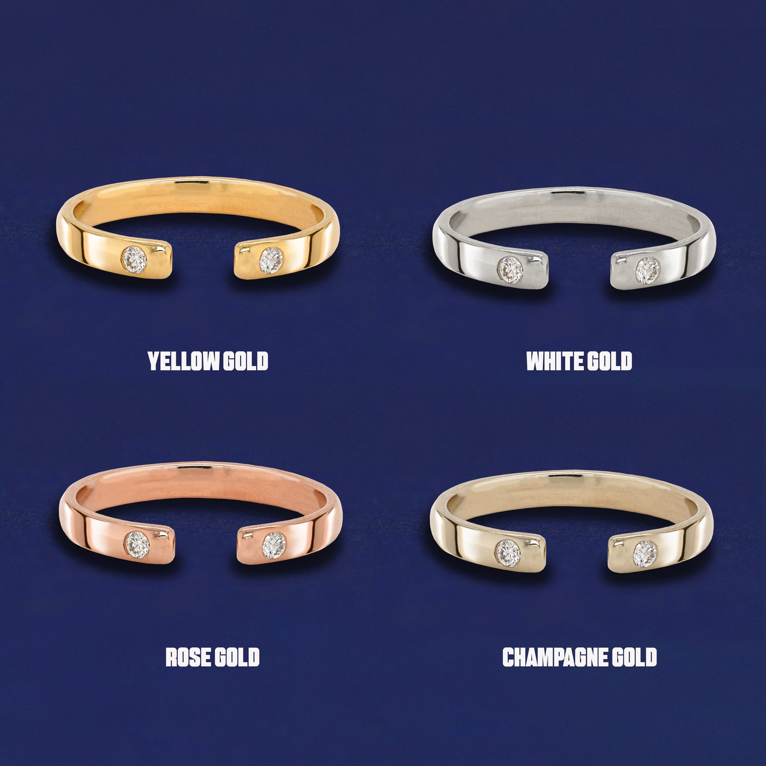 Four versions of the Open Curvy Band shown in options of yellow, white, rose and champagne gold