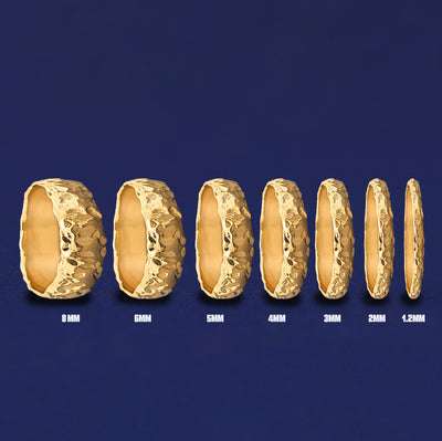 Seven versions of the Organic Band showing the different thickness options of the ring from 8mm to 1.2mm