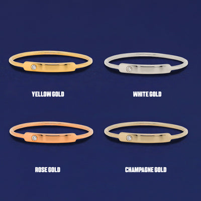 Four versions of the Diamond Bar Ring shown in options of yellow, white, rose and champagne gold