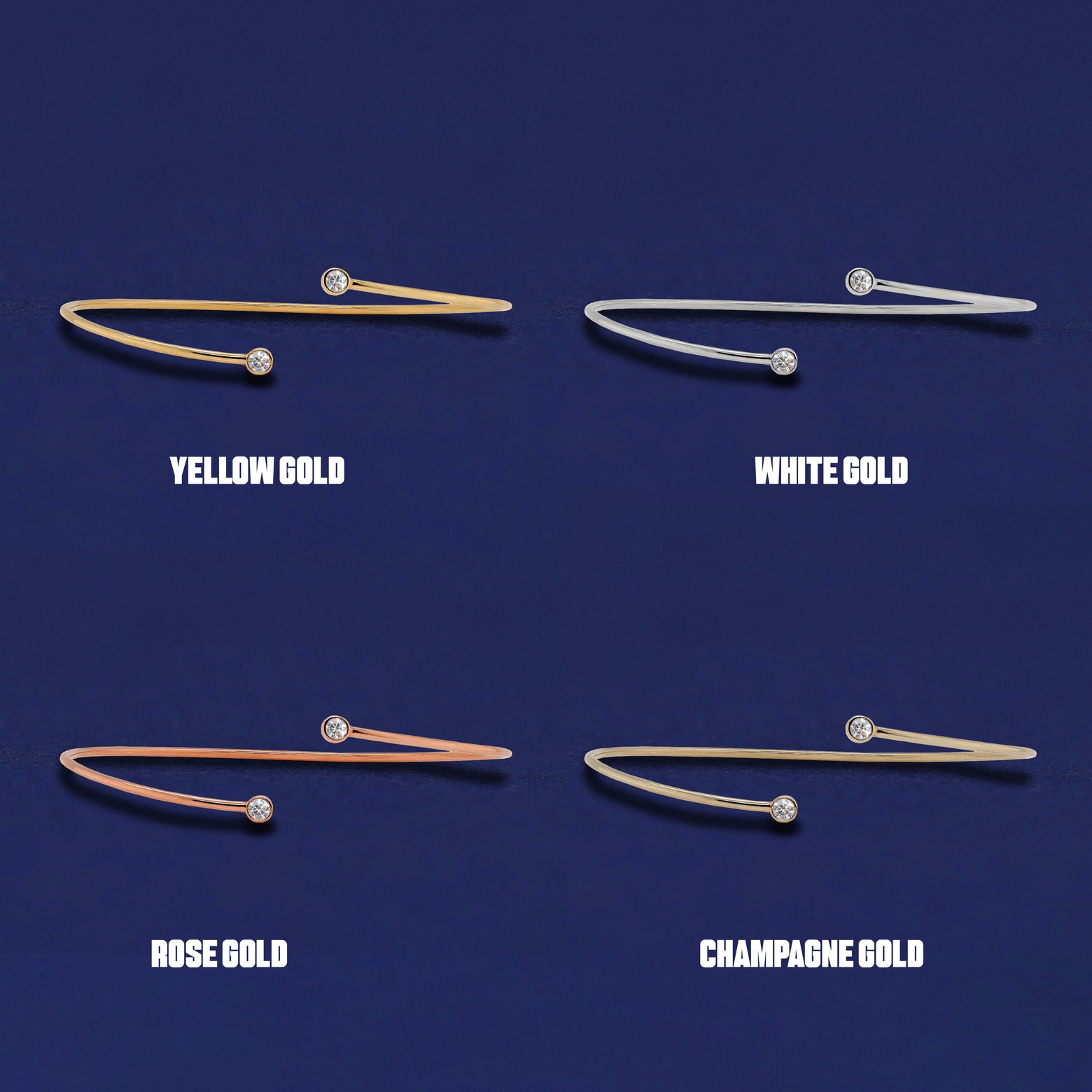 Four versions of the Diamond Bypass Bracelet shown in options of yellow, white, rose, and champagne gold