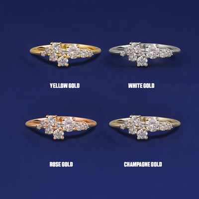 Four versions of the Diamond Cluster Ring shown in options of yellow, white, rose and champagne gold